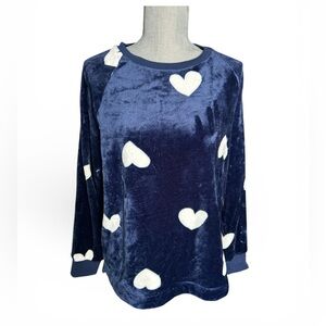 LOFT Dark Blue Velour Top with White Hearts